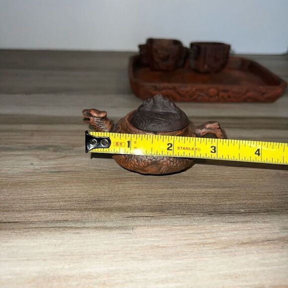 Yixing Zi Ni Vintage Brown Clay Miniature Tea Pot Set With Tray Carved 6 Piece - Picture 9 of 11